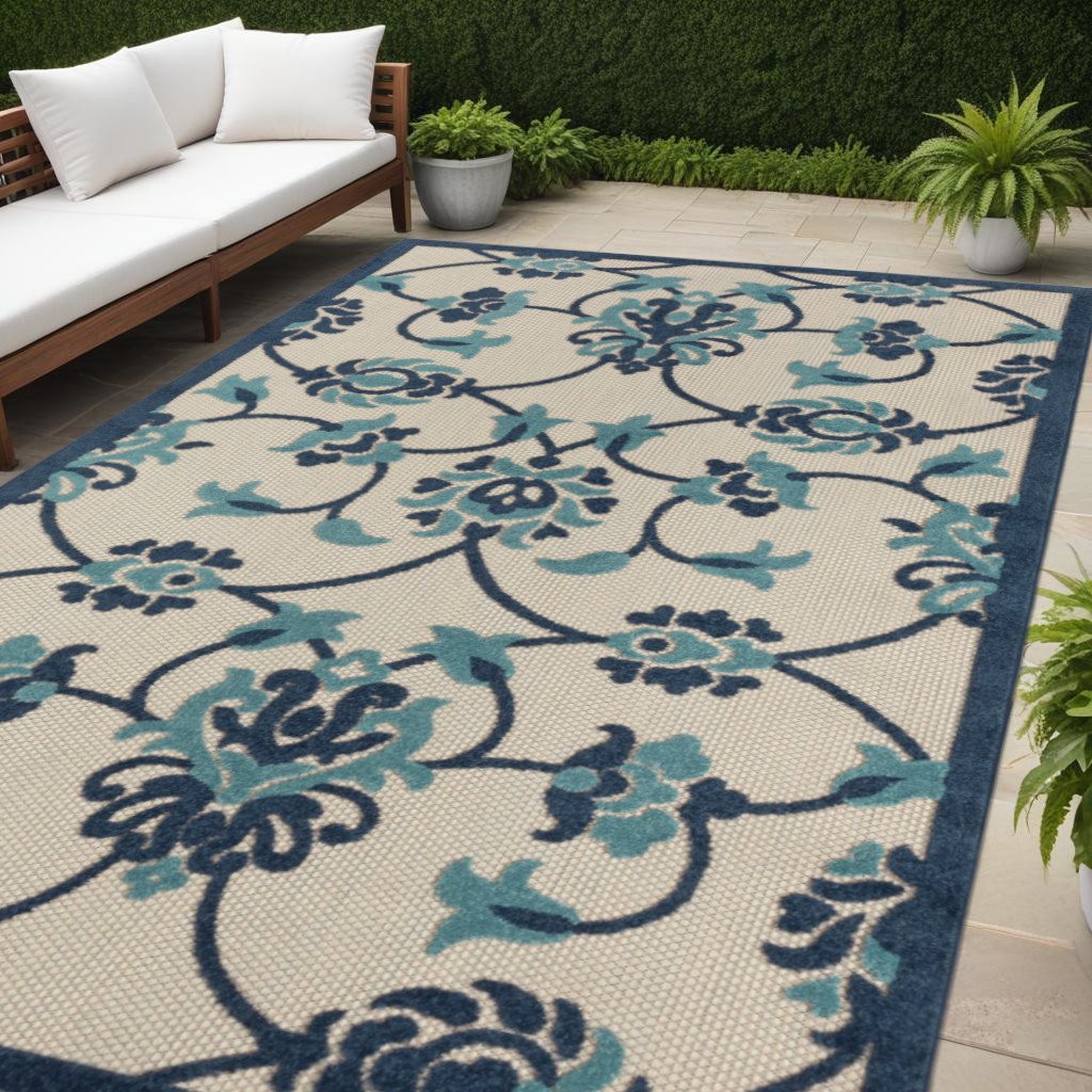 5' X 8' Blue Floral Non Skid Indoor Outdoor Area Rug-517449-1