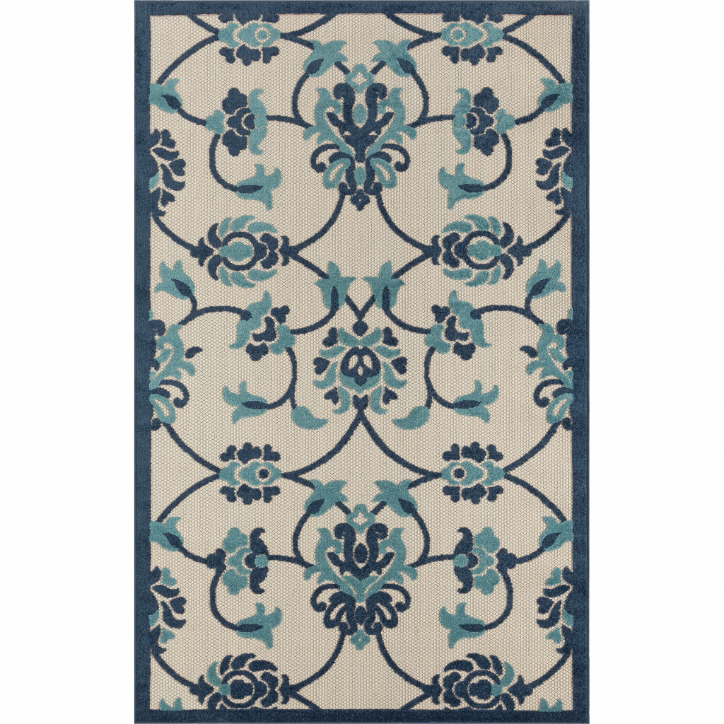 8' X 10' Blue Floral Non Skid Indoor Outdoor Area Rug-517450-1