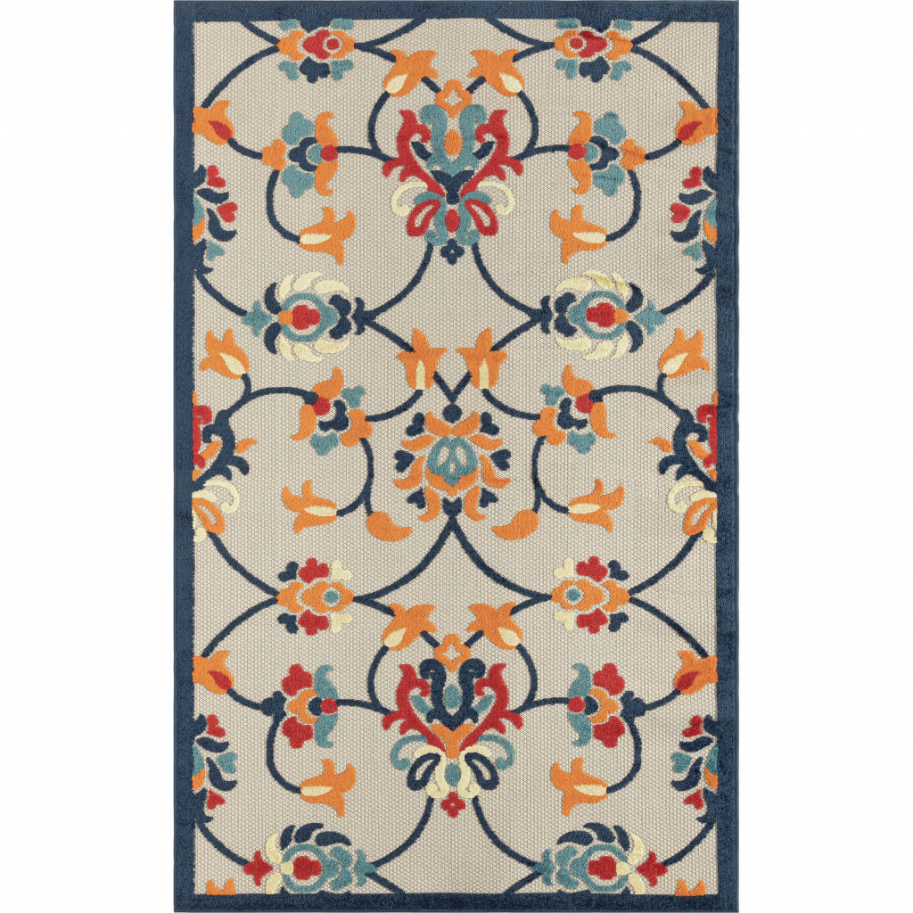 5' X 8' Blue And Orange Floral Non Skid Indoor Outdoor Area Rug-517453-1