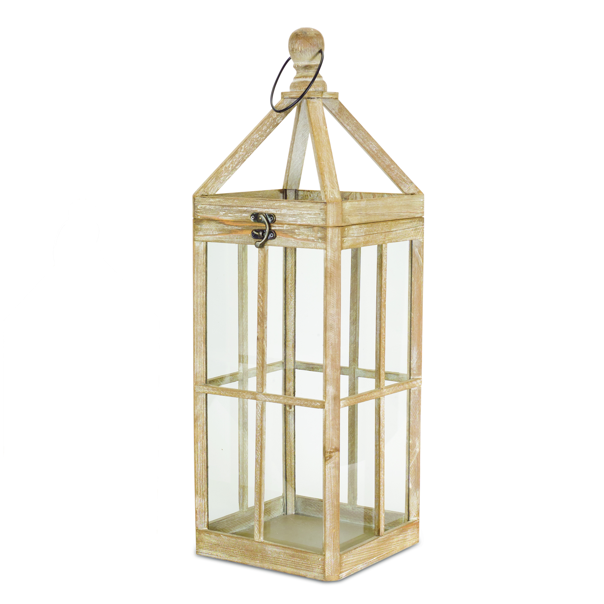 Set of Two Natural and Clear Wood and Glass Floor Lantern Candle Holders