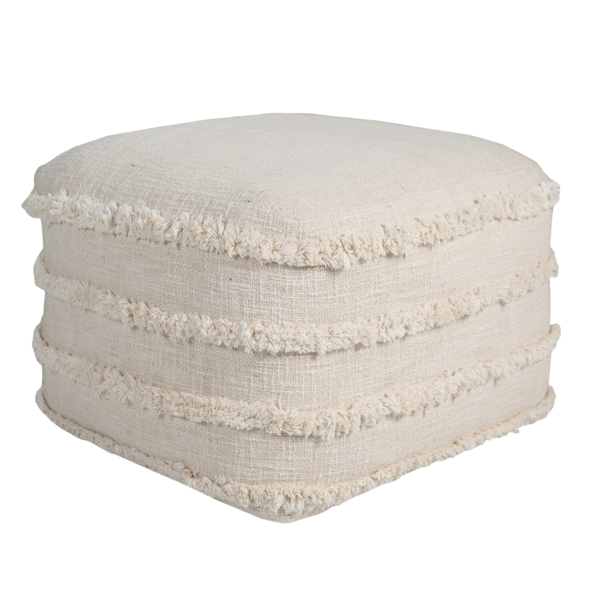 18" Cream Cotton Tufted Cube Striped Pouf Ottoman-517938-1