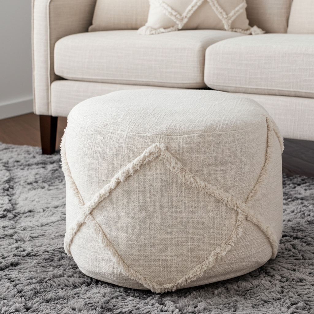 18" Cream Cotton Cylinder Geometric Pouf Ottoman-517941-1