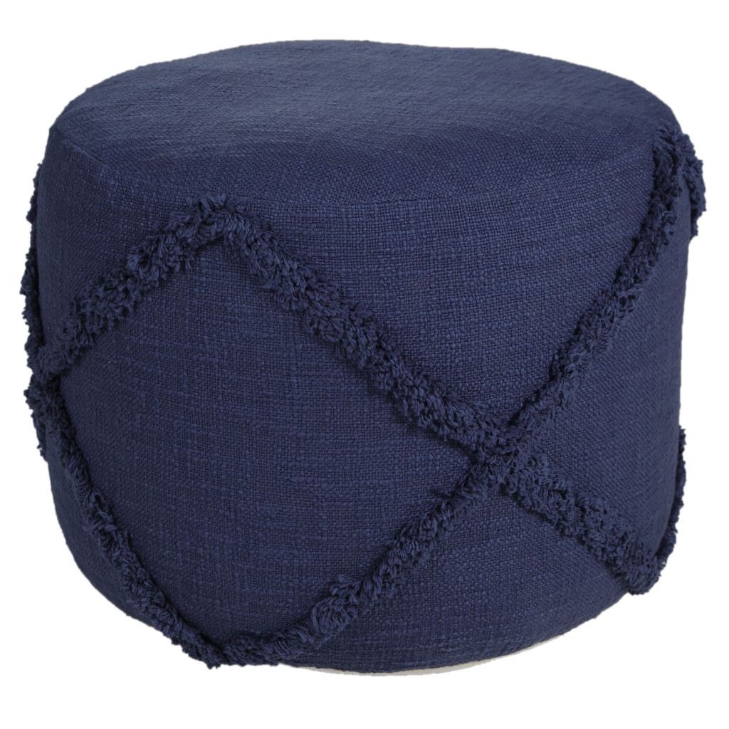 18" Blue Cotton Cylinder Geometric Pouf Ottoman-517943-1