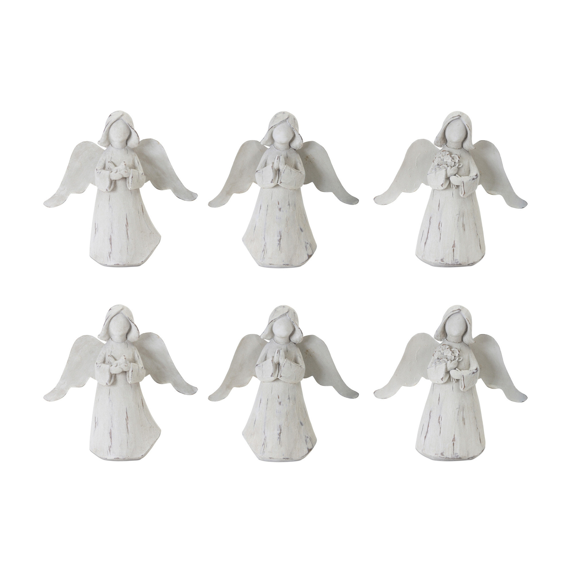 Set Of Six 6 White Washed Polyresin Angel Figurine