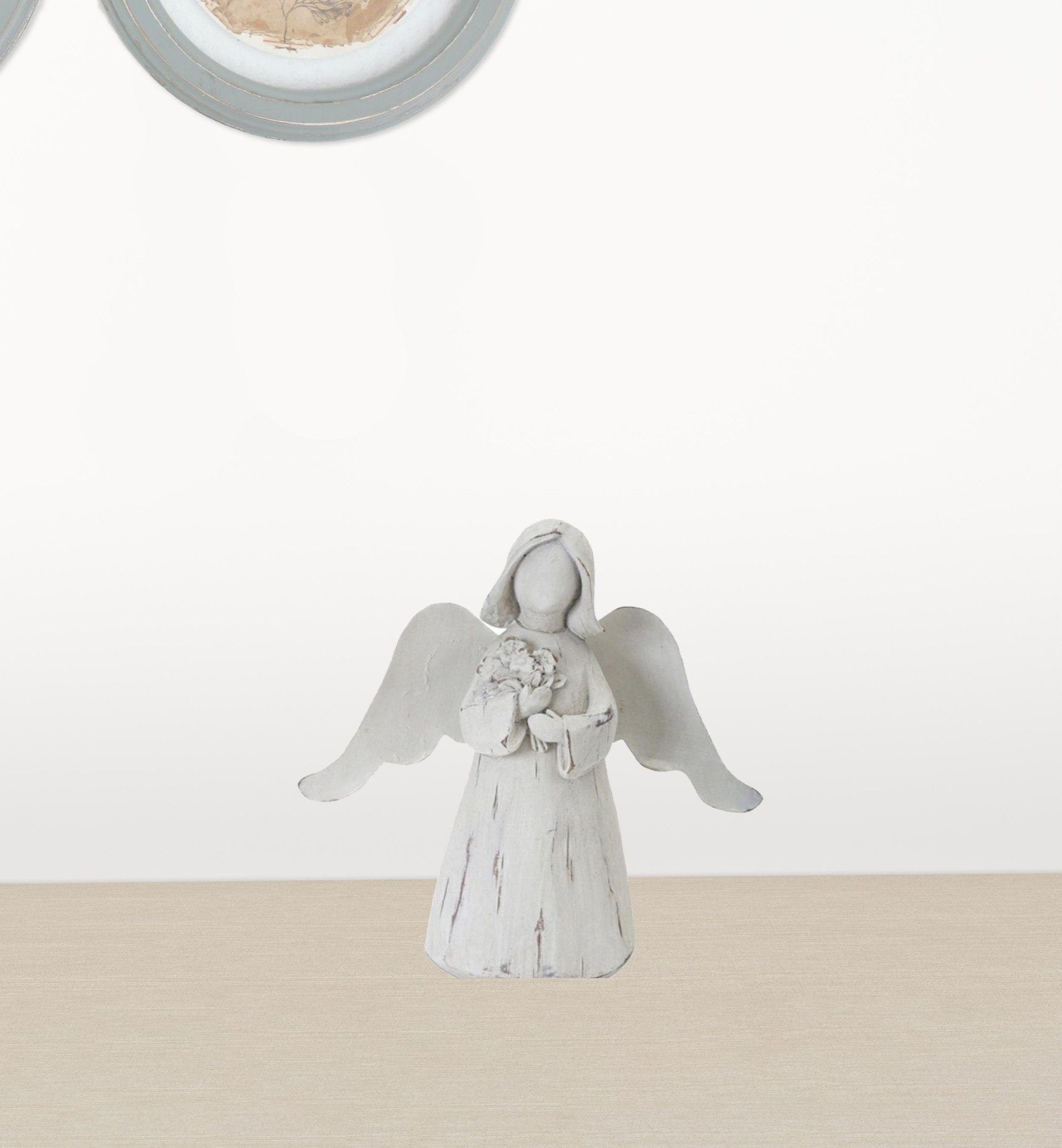 Set Of Six 6 White Washed Polyresin Angel Figurine