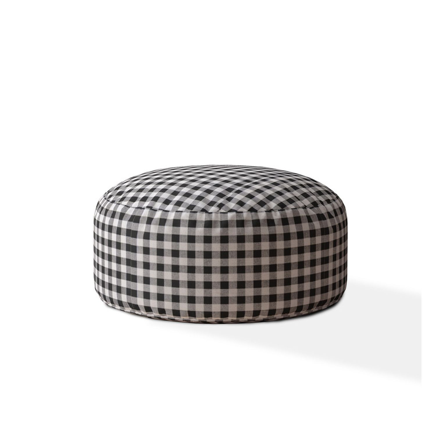 24" Gray And Black Cotton Round Gingham Pouf Ottoman-518330-1