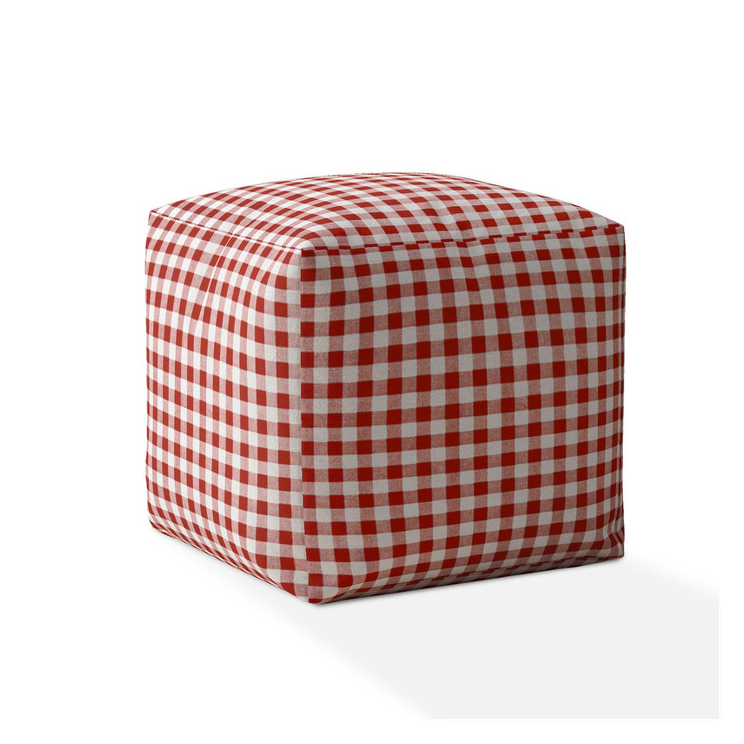 17" Red And White Cotton Gingham Pouf Ottoman-518333-1