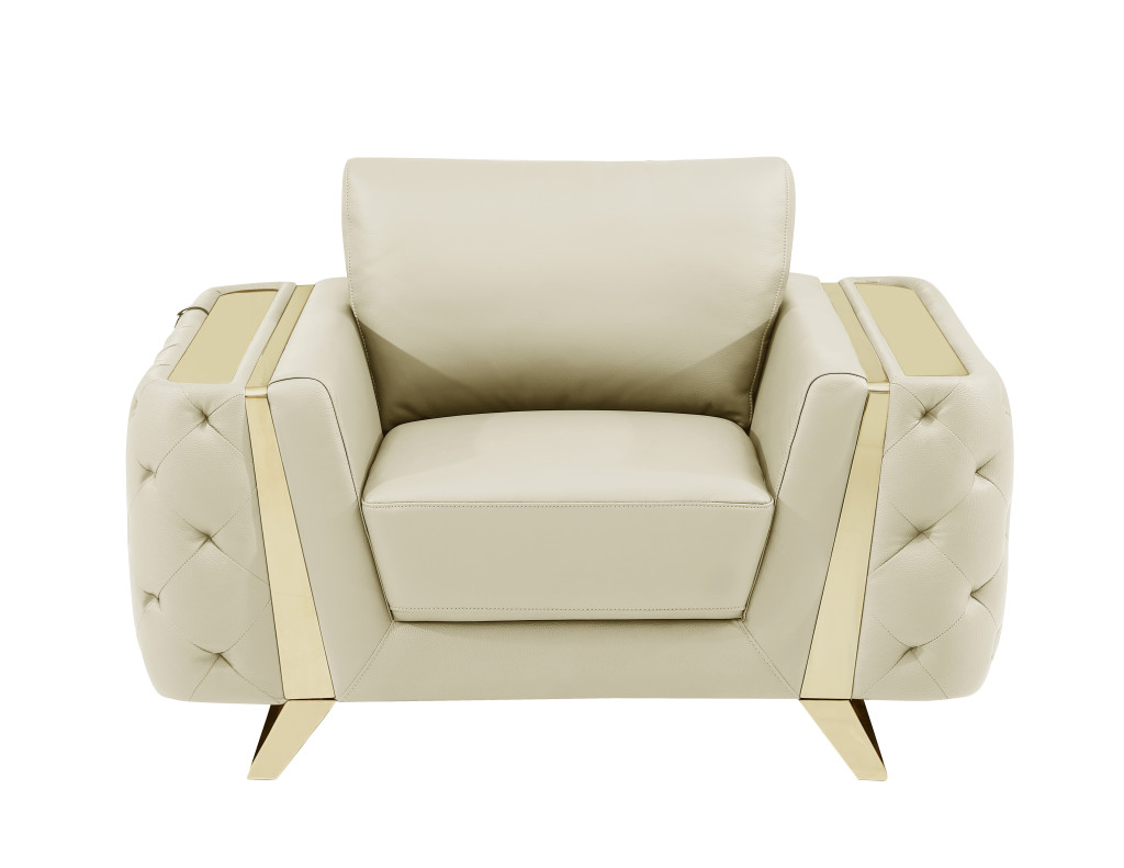 50" Beige and Silver Faux Leather Tufted Arm Chair-518567-1