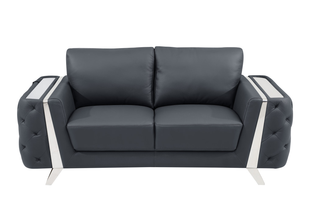 72" Dark Gray And Silver Genuine Leather Loveseat-518568-1