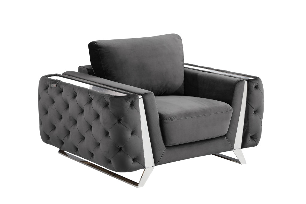 50" Dark Gray and Silver Velvet Tufted Arm Chair-518575-1
