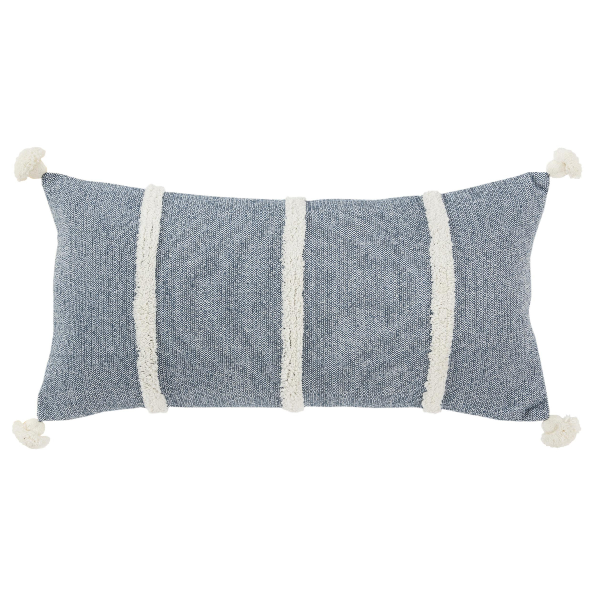 14" X 14" Blue and White Cotton Pillow With Tassels Edges