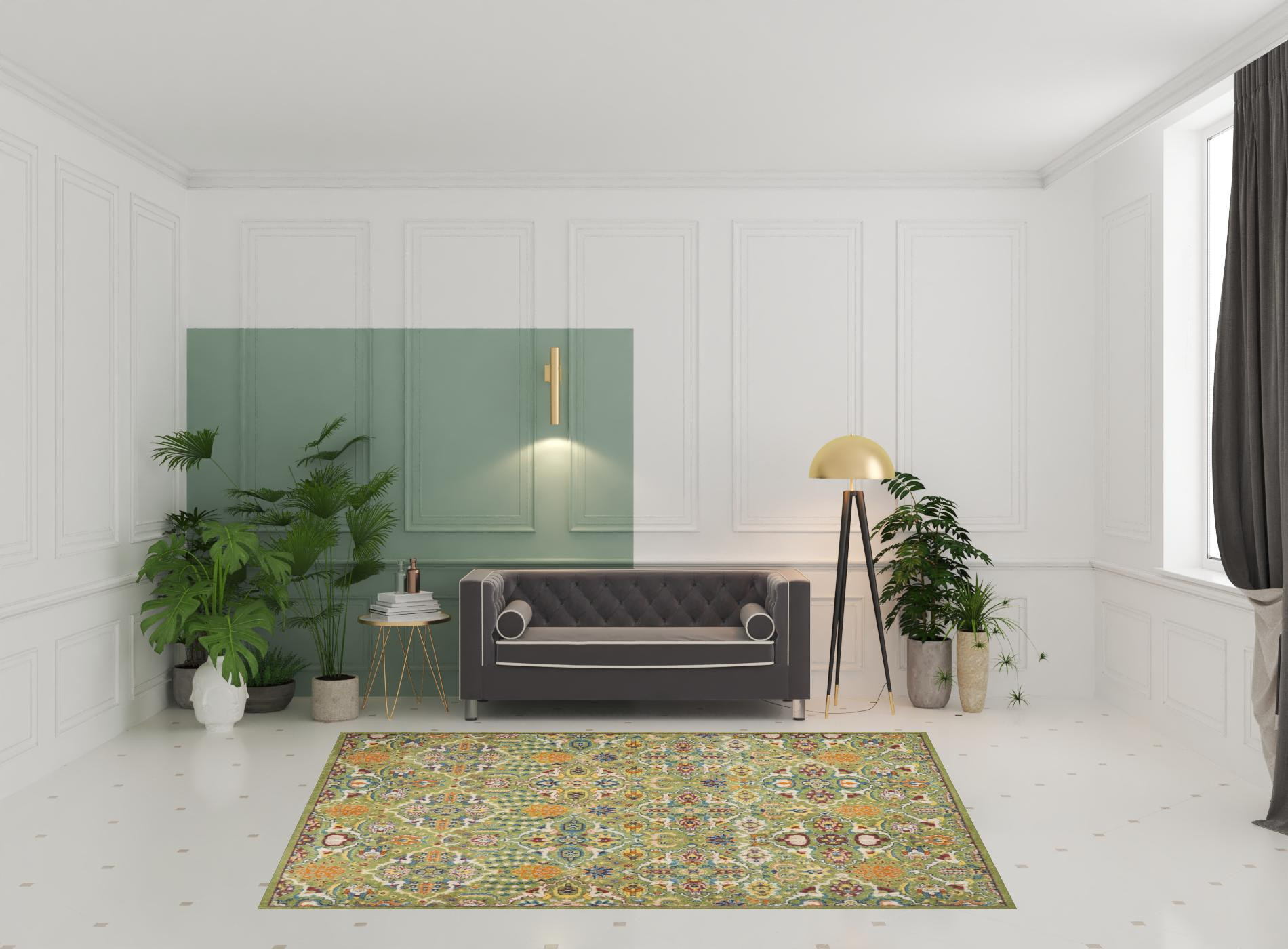 7" X 10" Green Floral Power Loom Area Rug