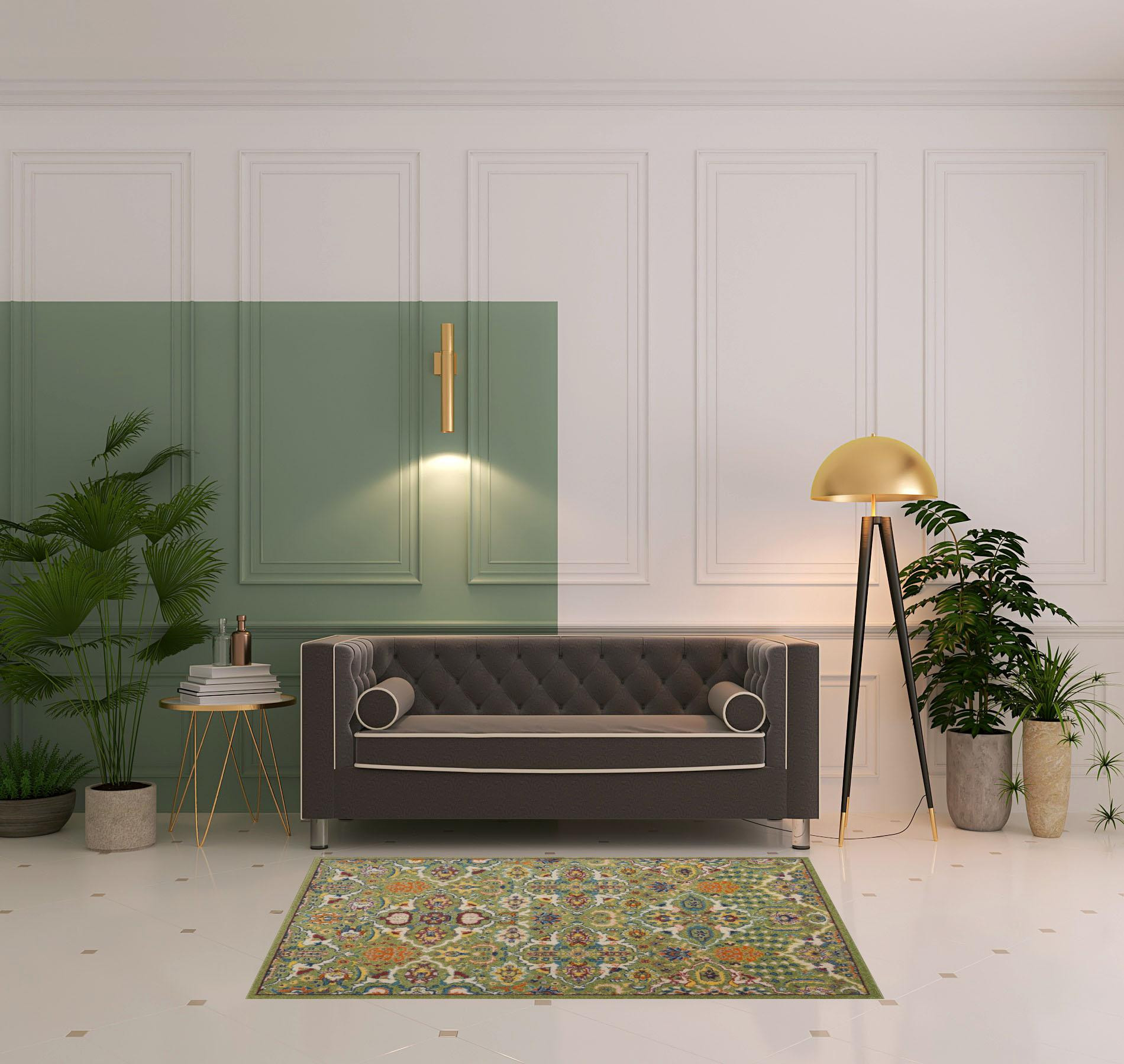 4" X 6" Green Floral Power Loom Area Rug