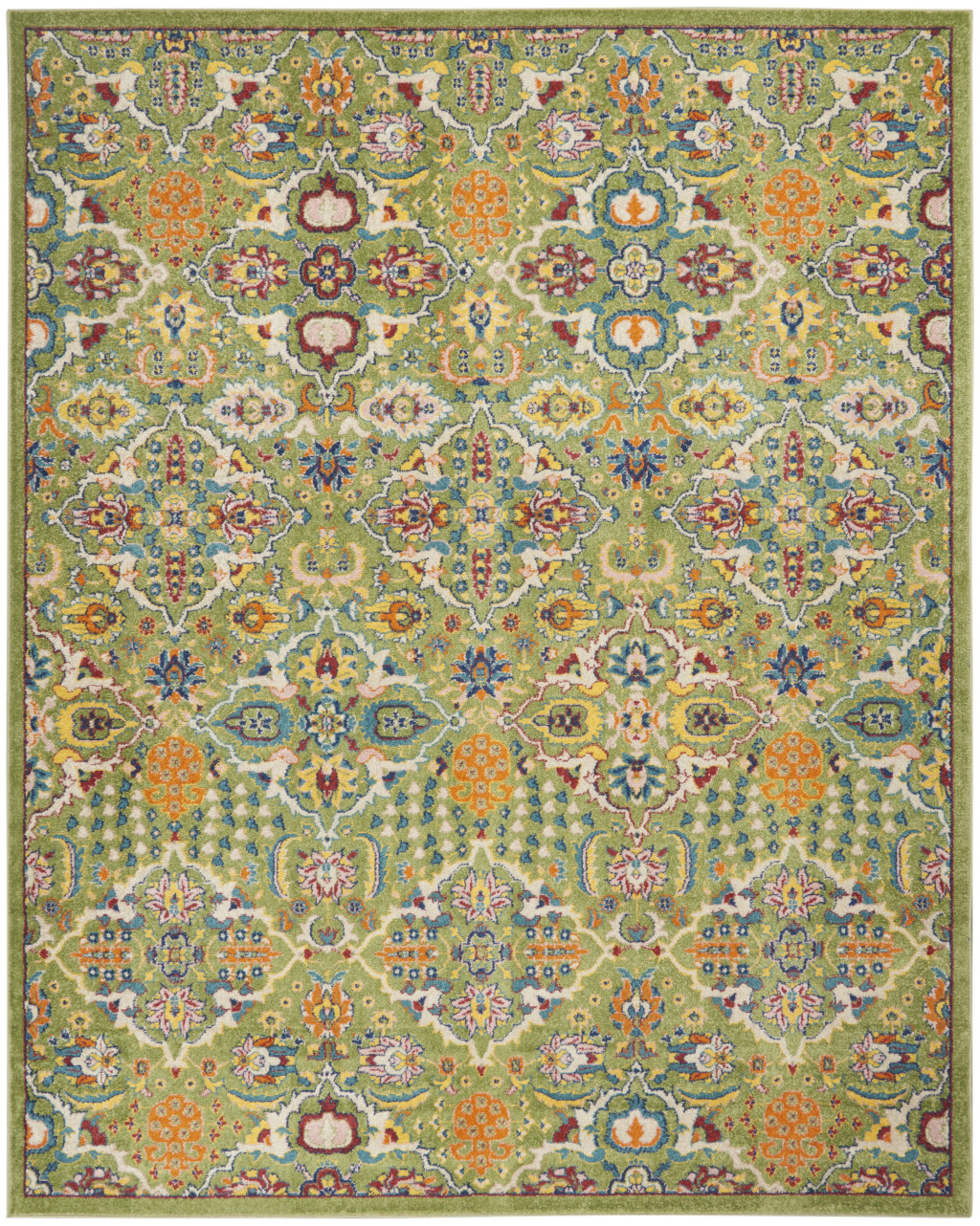 9" X 12" Green Floral Power Loom Area Rug