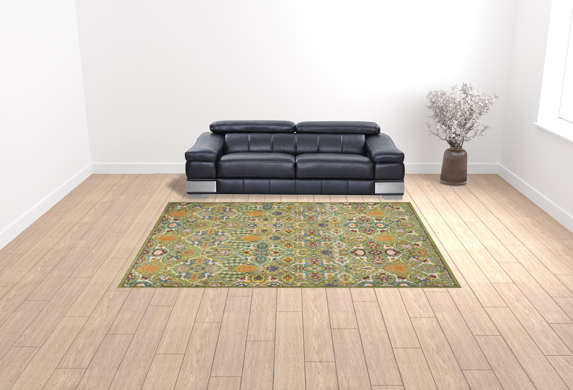9" X 12" Green Floral Power Loom Area Rug