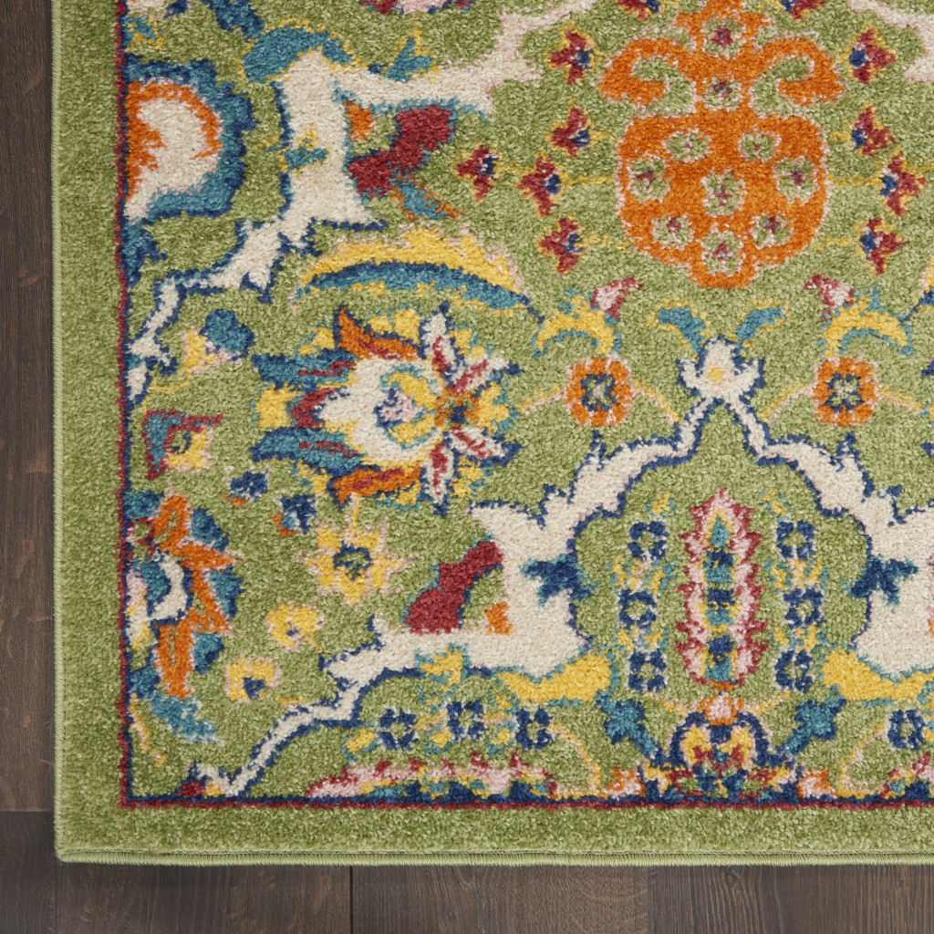 9" X 12" Green Floral Power Loom Area Rug
