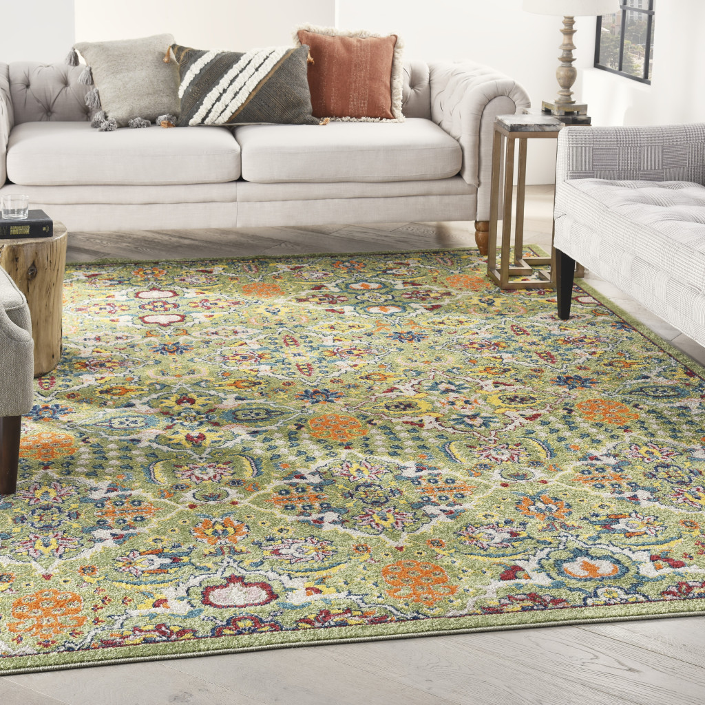 9" X 12" Green Floral Power Loom Area Rug