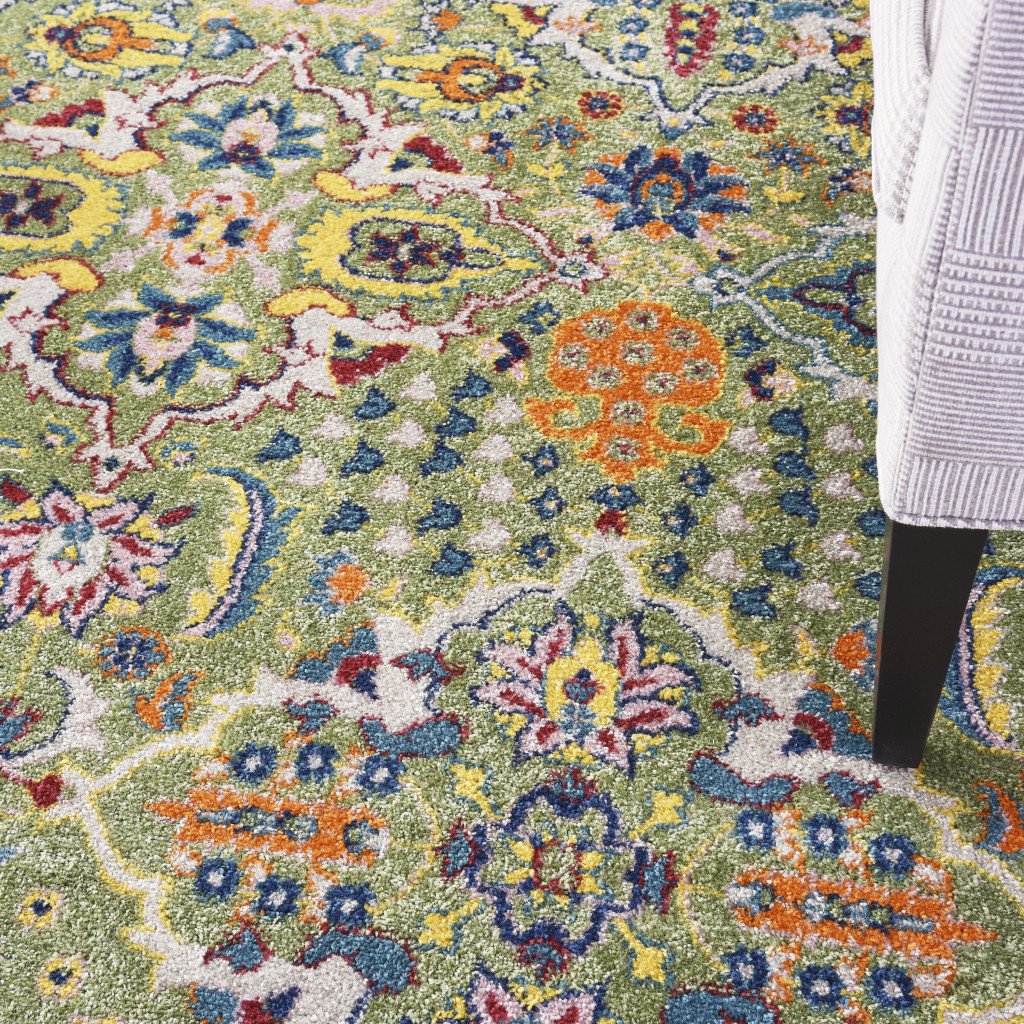 9" X 12" Green Floral Power Loom Area Rug