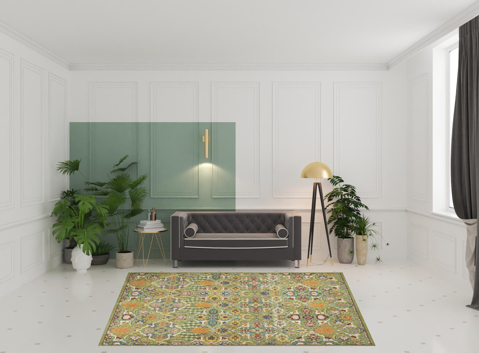 8" X 10" Green Floral Power Loom Area Rug