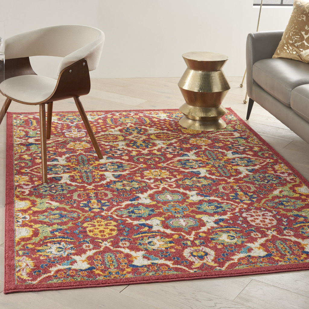 5" X 7" Red Floral Power Loom Area Rug