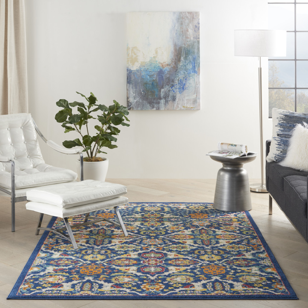5" X 7" Blue Floral Power Loom Area Rug