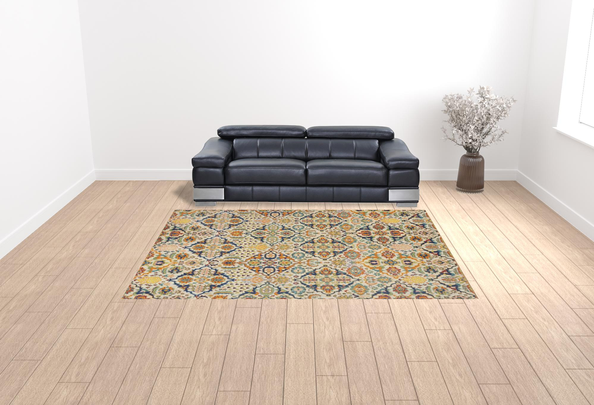 9" X 12" Ivory Floral Power Loom Area Rug