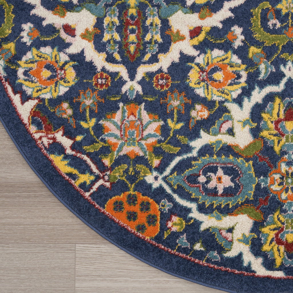 8 Blue Round Floral Power Loom Area Rug