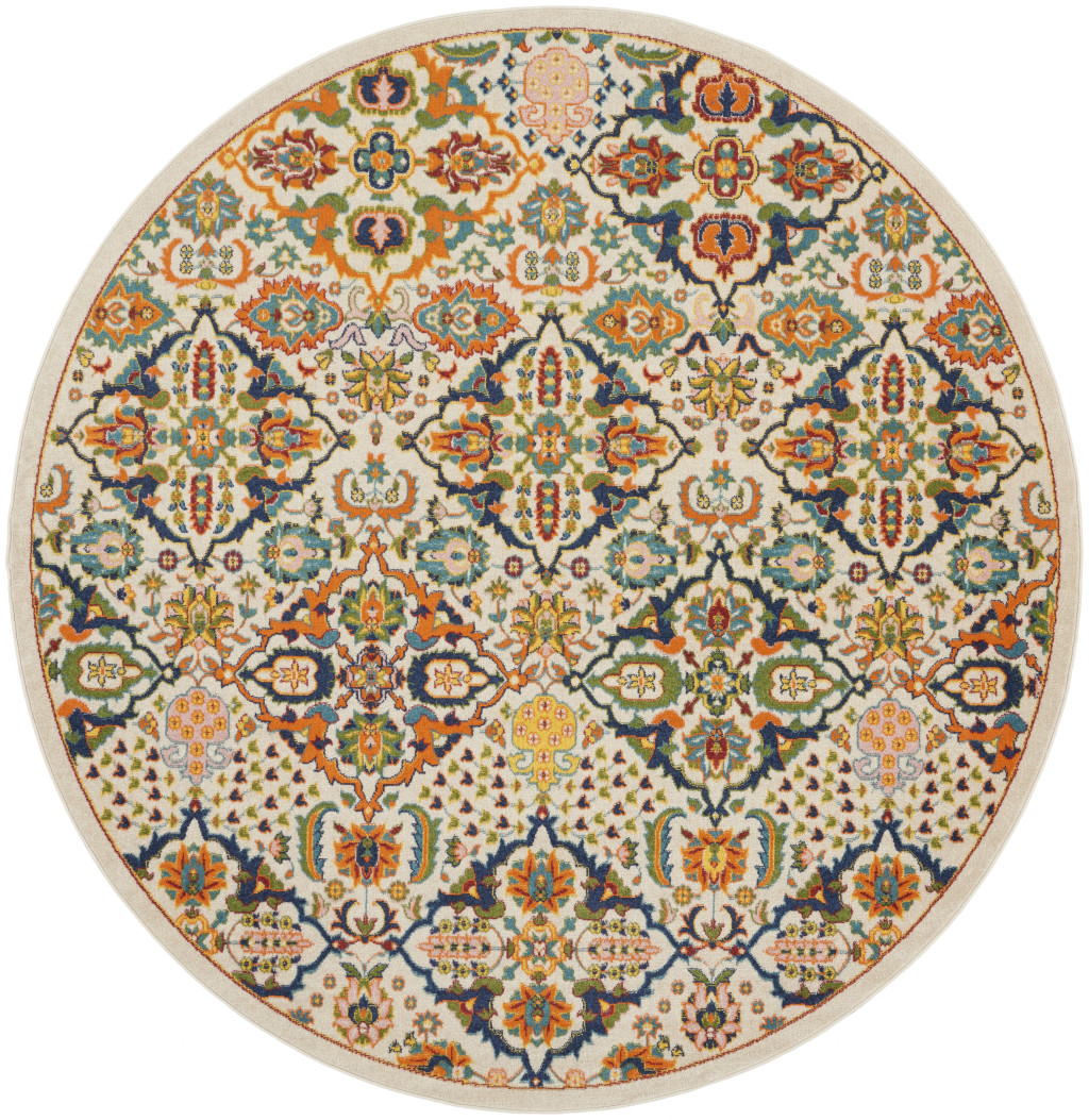 8" Ivory Round Floral Power Loom Area Rug