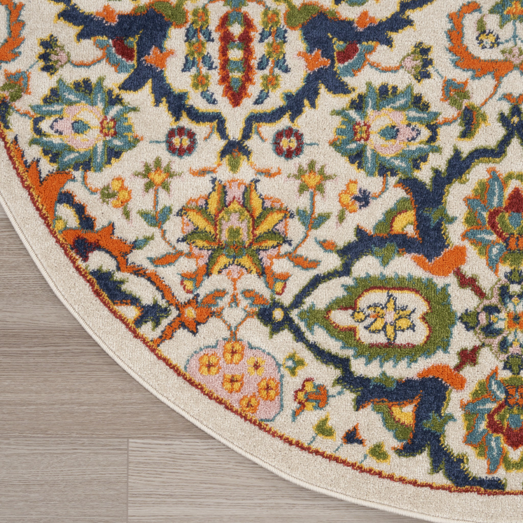8" Ivory Round Floral Power Loom Area Rug