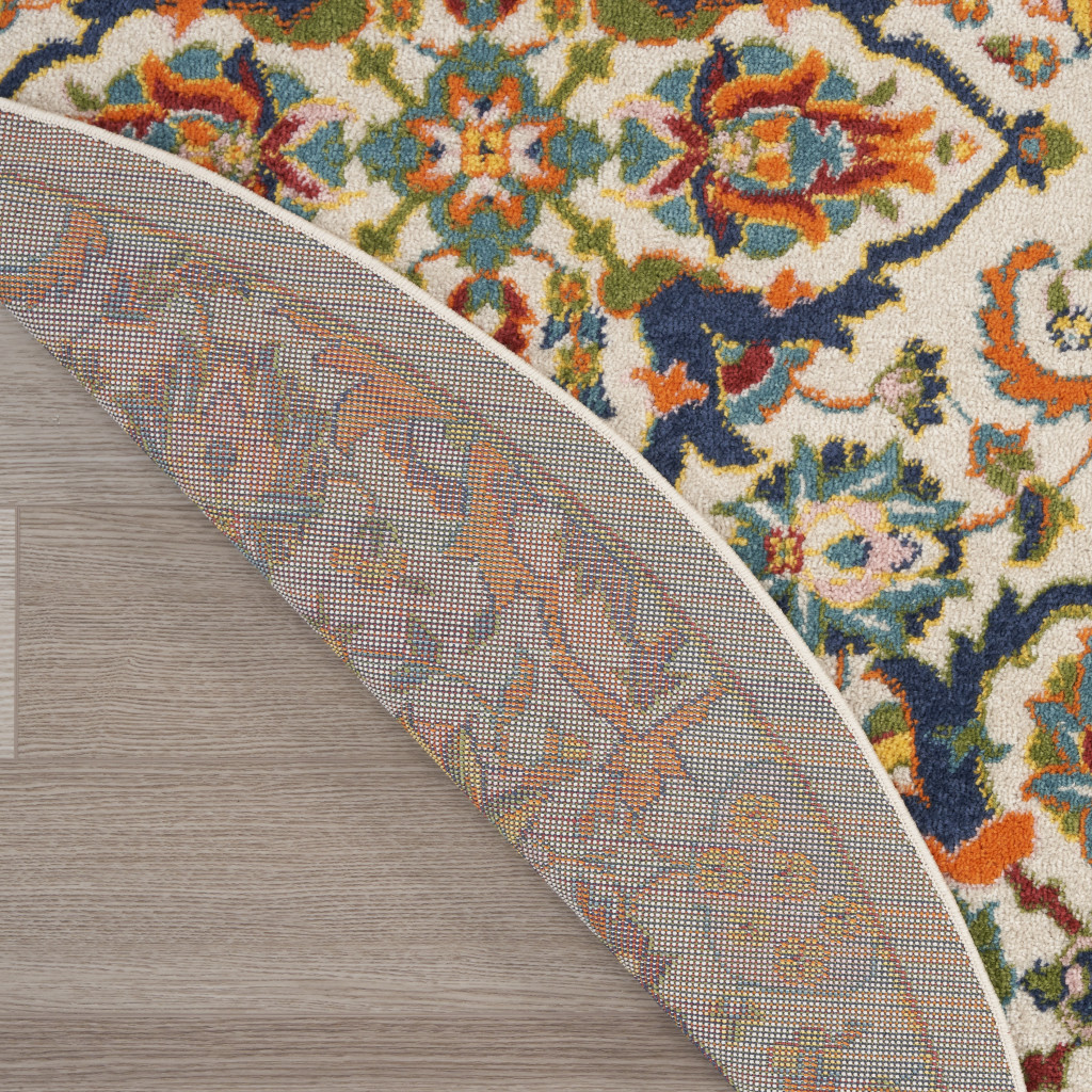 8" Ivory Round Floral Power Loom Area Rug