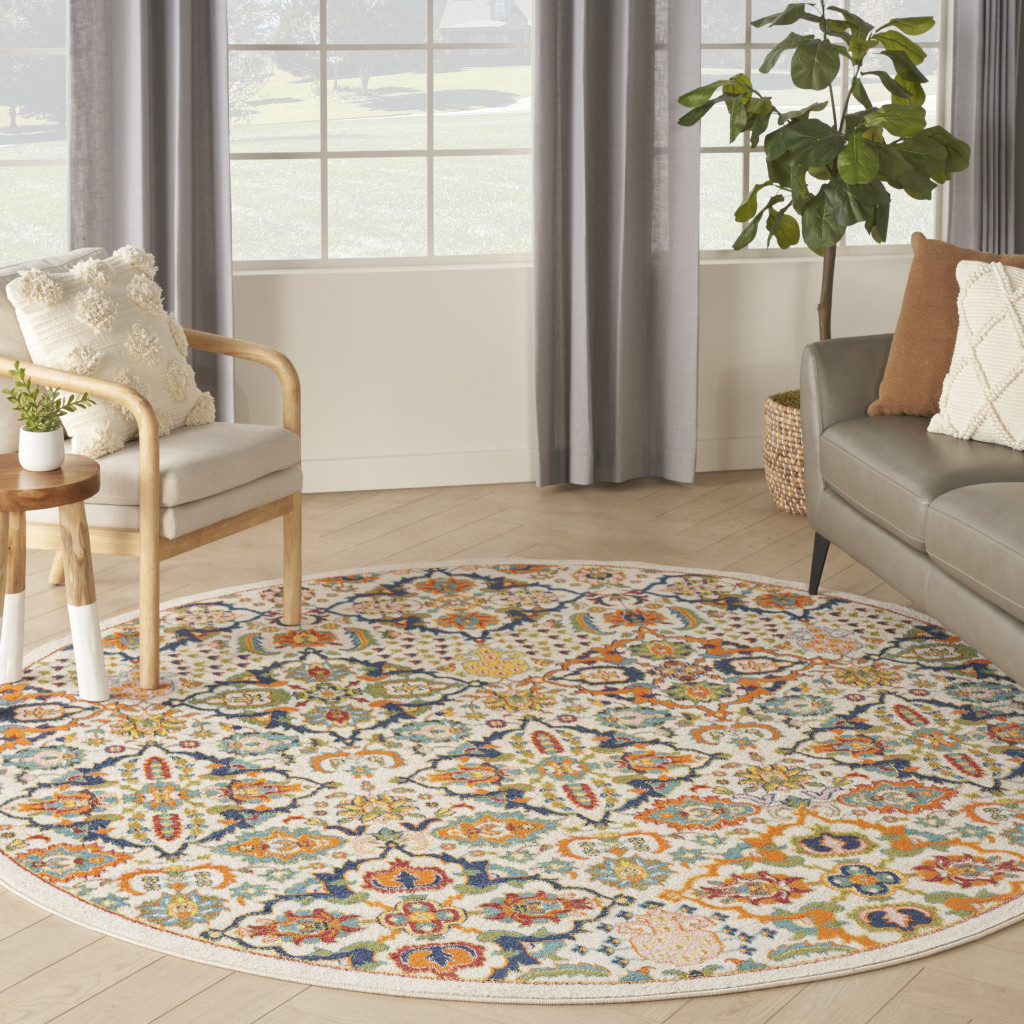 8" Ivory Round Floral Power Loom Area Rug