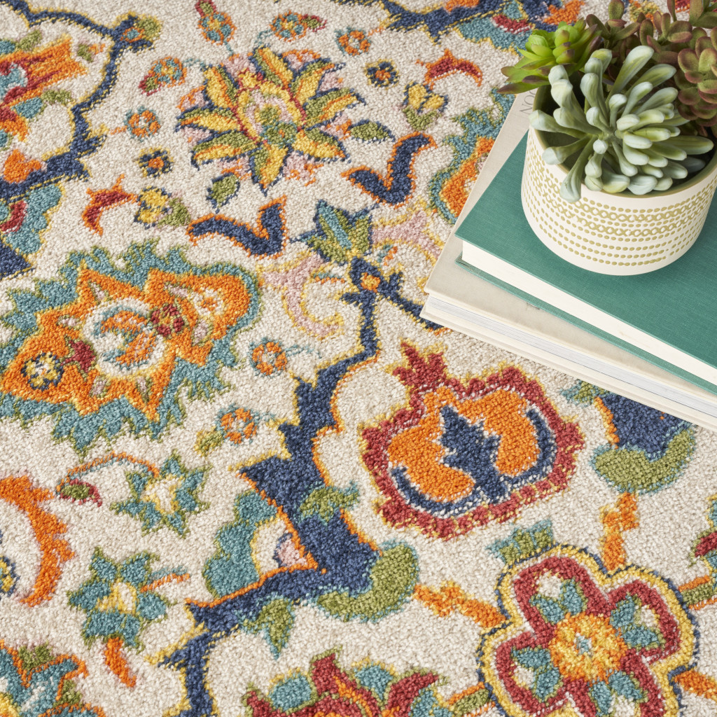 8" Ivory Round Floral Power Loom Area Rug