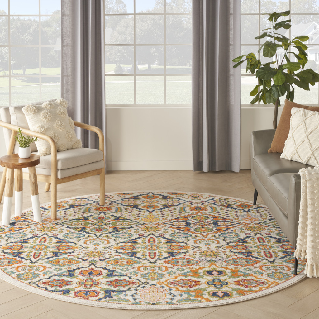 8" Ivory Round Floral Power Loom Area Rug