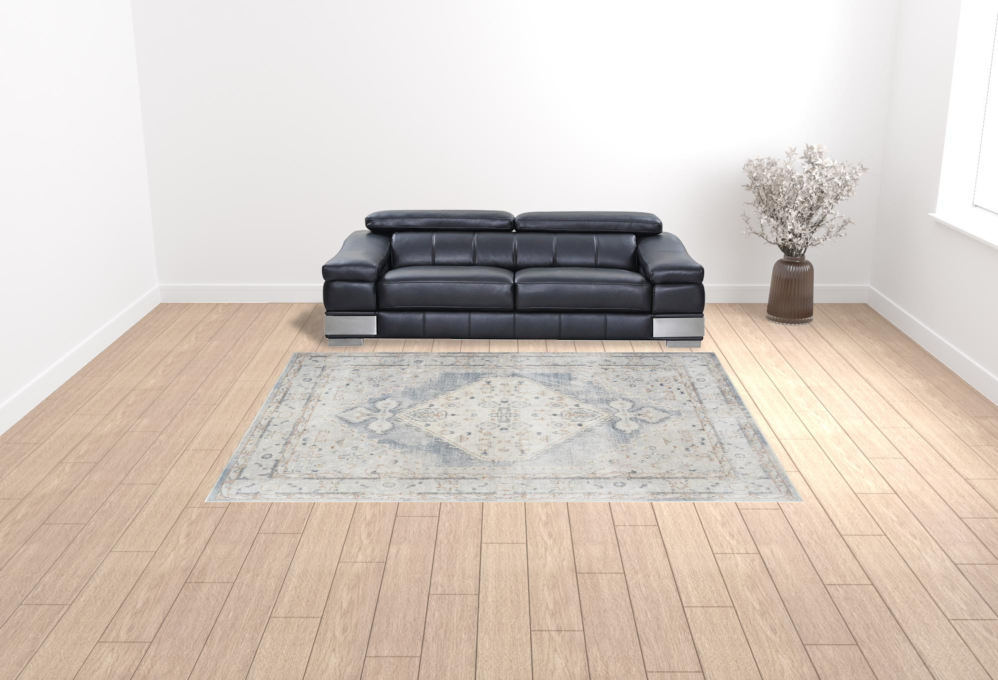 9" X 12" Light Blue Oriental Power Loom Distressed Area Rug