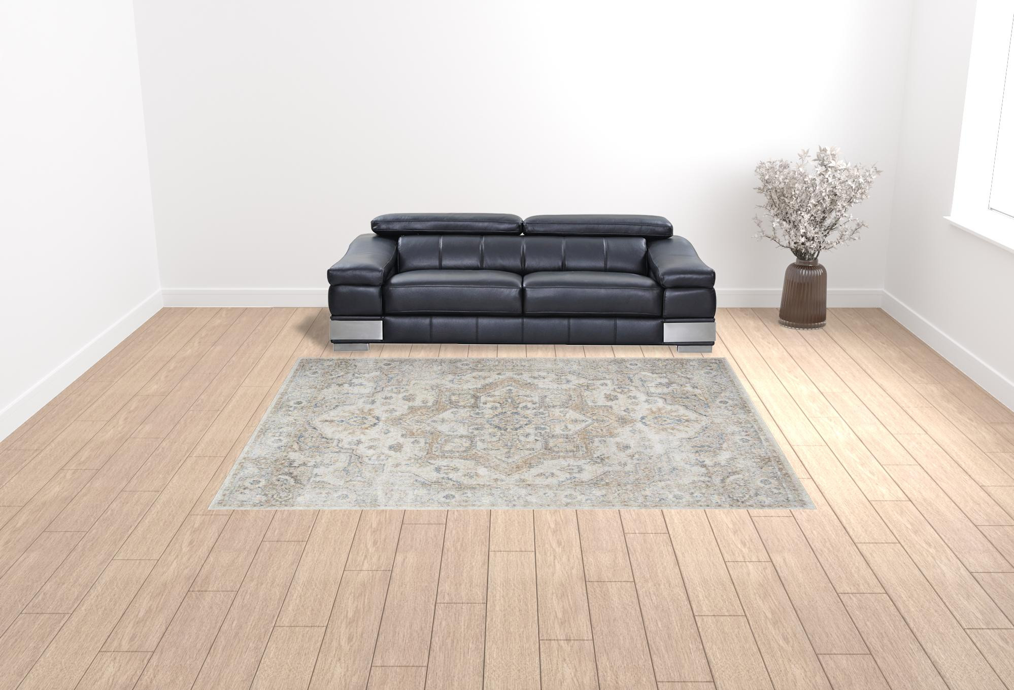9" X 12" Gray Oriental Power Loom Area Rug