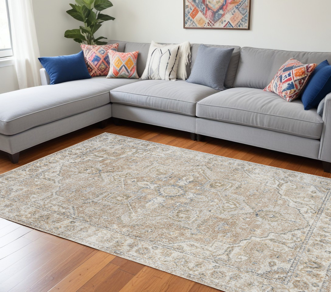 9" X 12" Beige Oriental Power Loom Area Rug