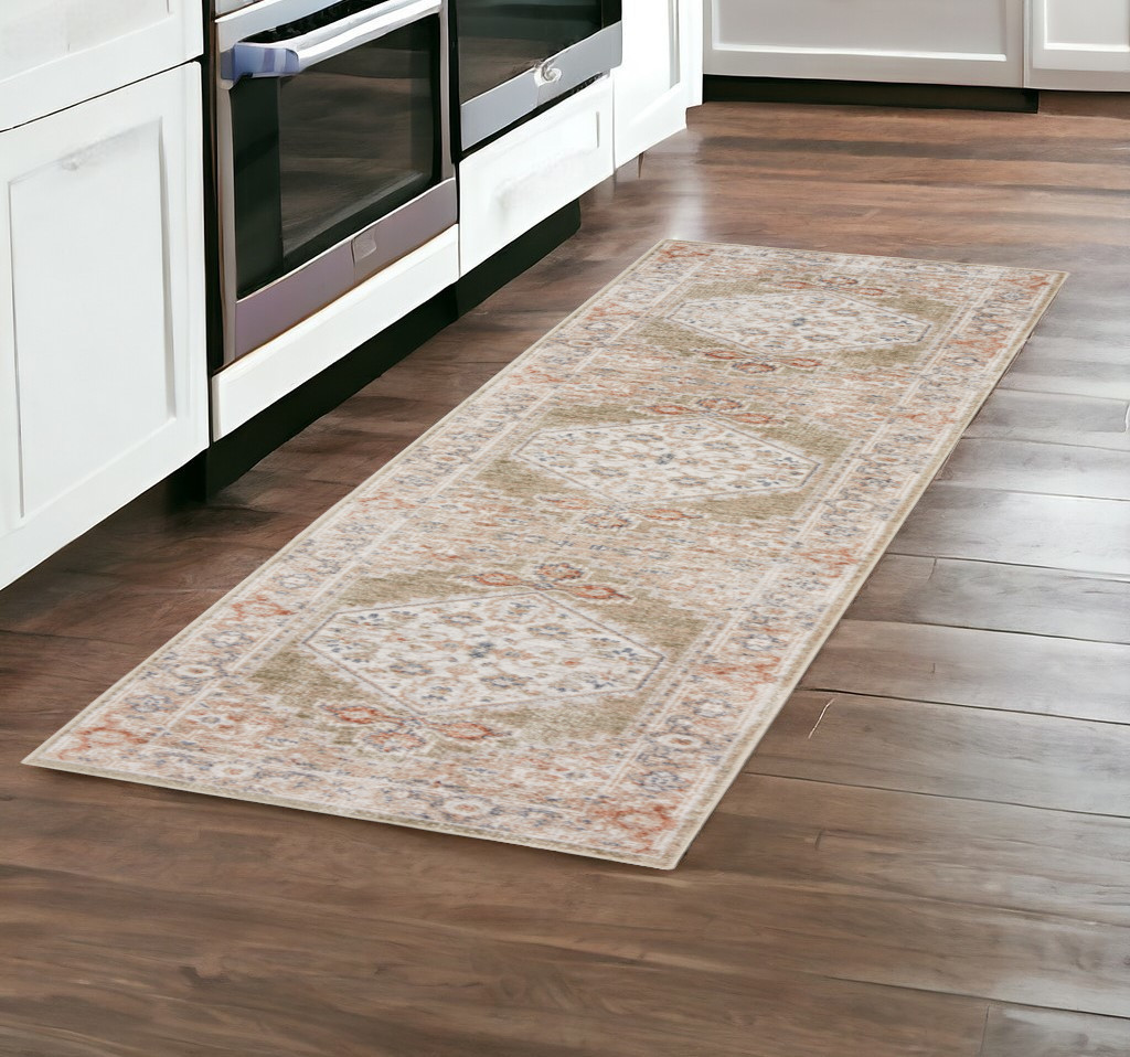 8" Sage Oriental Power Loom Distressed Washable Runner Rug