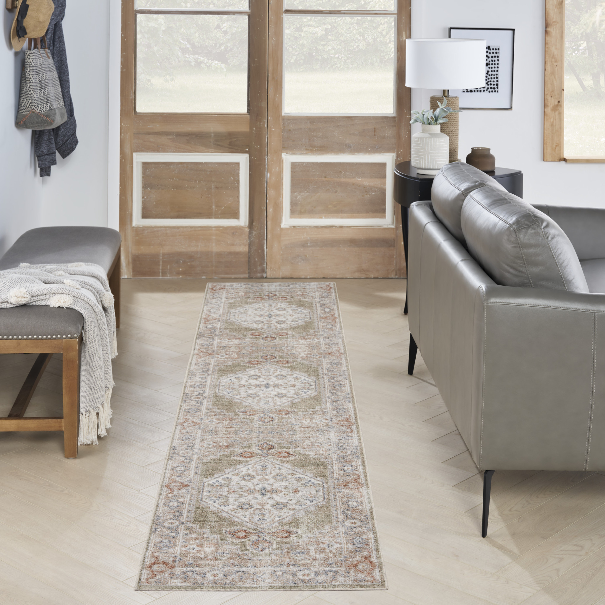 8" Sage Oriental Power Loom Distressed Washable Runner Rug