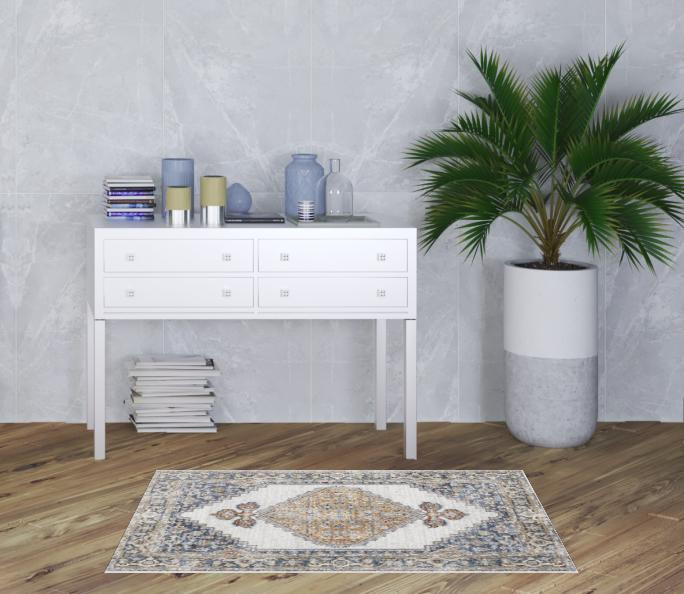 3" X 5" Gray Oriental Power Loom Distressed Washable Area Rug