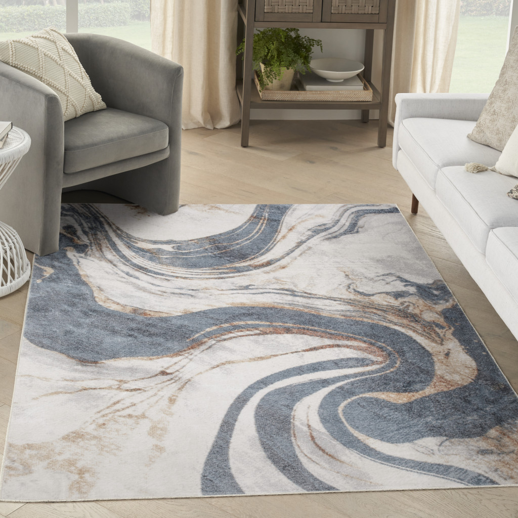 8" X 10" Gray and Blue Oriental Power Loom Washable Area Rug