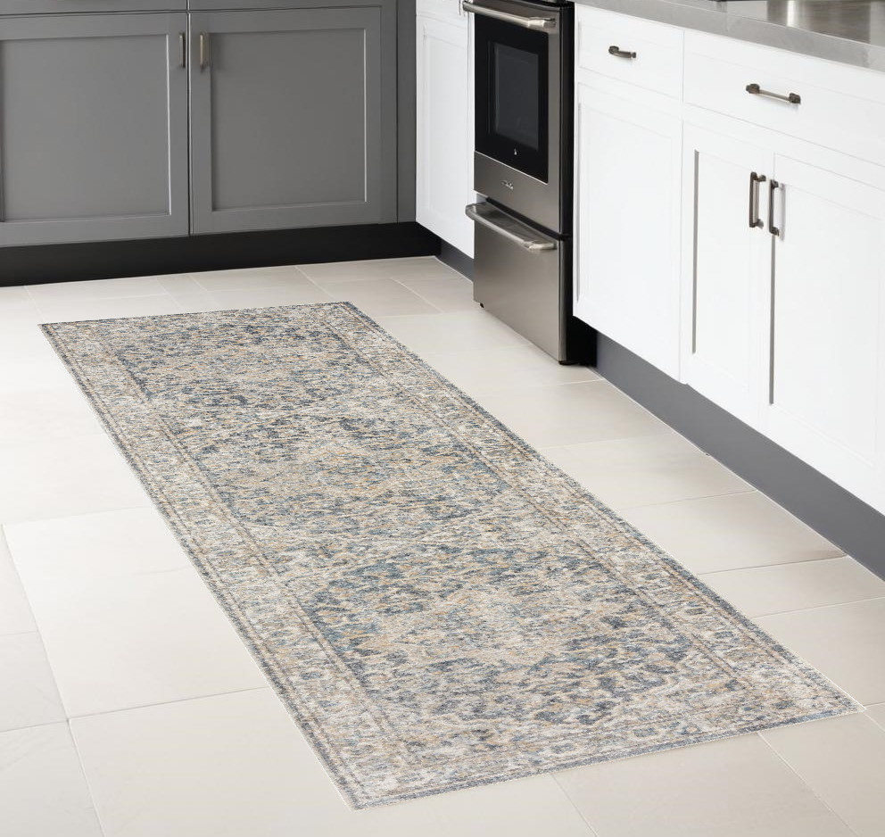 8" Gray Oriental Power Loom Washable Runner Rug