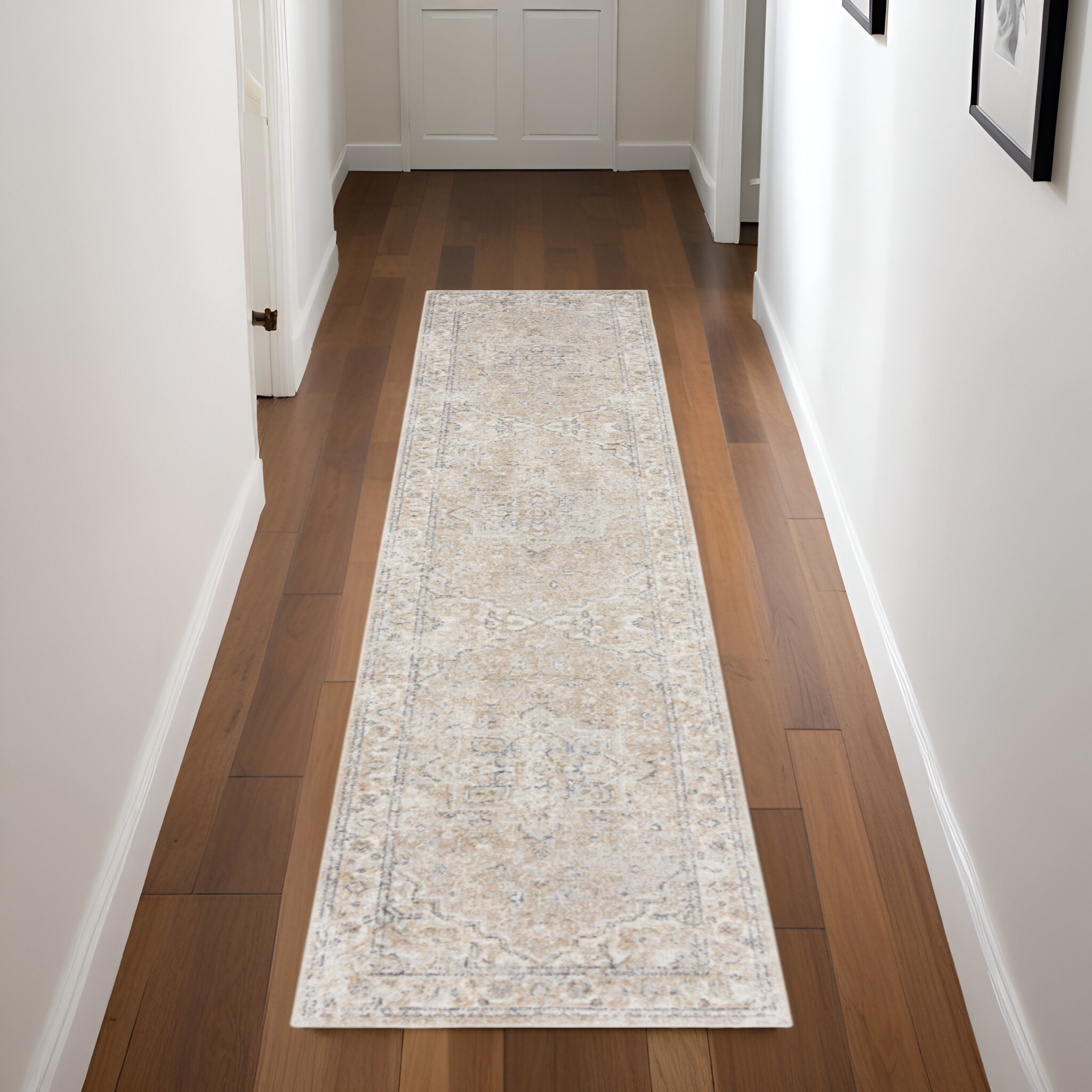 8" Runner Beige and Ivory Oriental Power Loom Washable Runner Rug