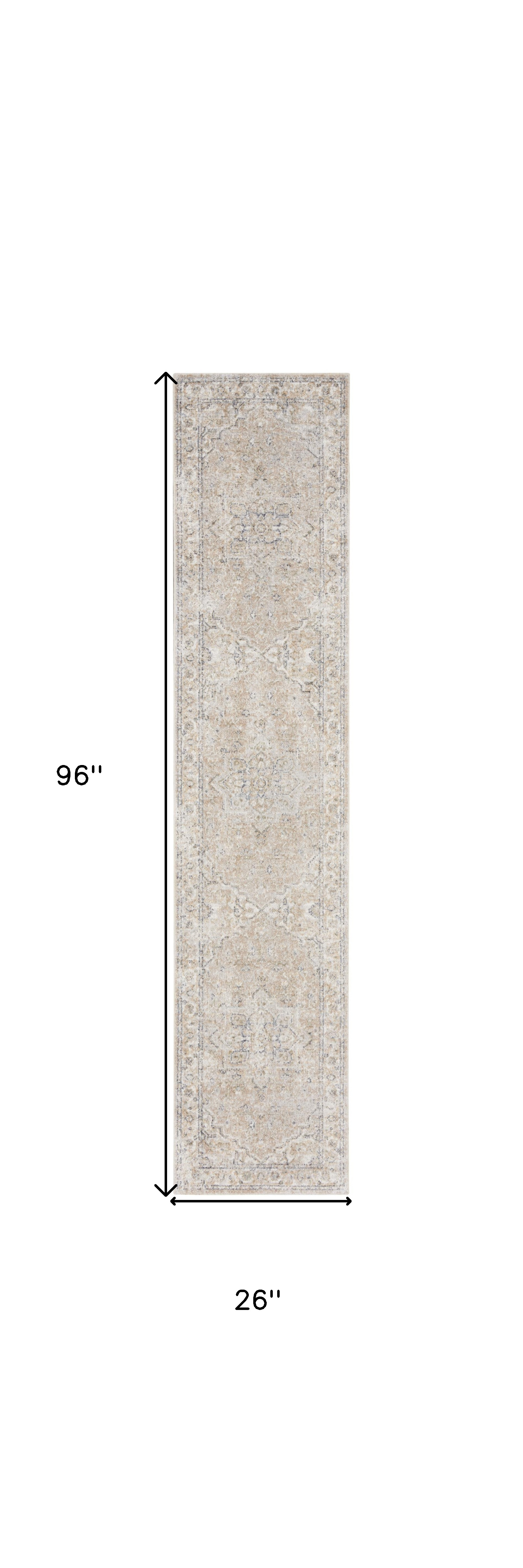 8" Runner Beige and Ivory Oriental Power Loom Washable Runner Rug