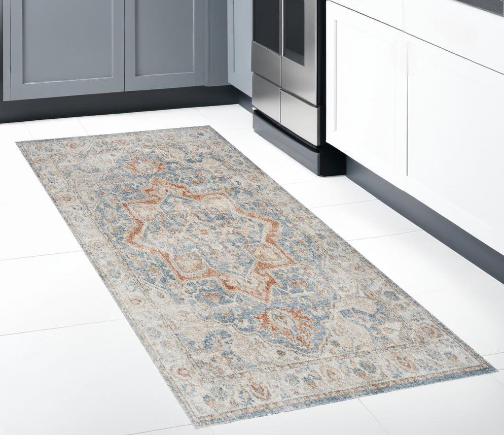 8" Denim Blue Oriental Power Loom Washable Runner Rug