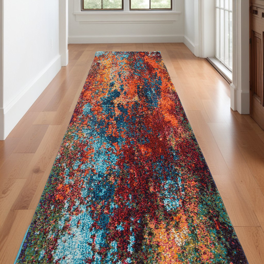 12" Runner Blue and Orange Abstract Power Loom Runner Rug