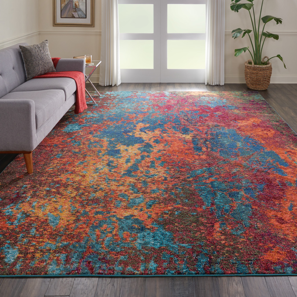 10" X 14" Blue and Orange Abstract Power Loom Area Rug