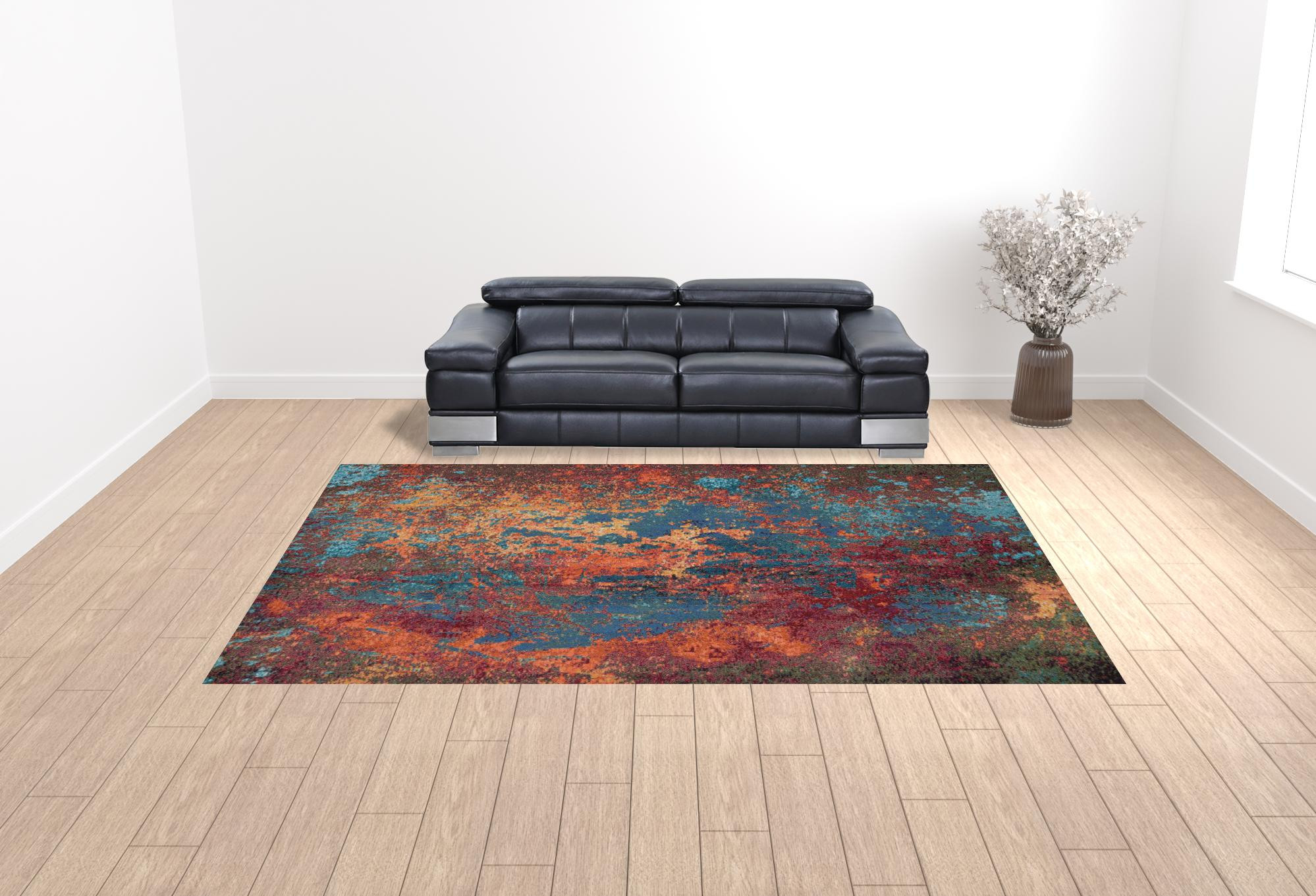 10" X 14" Blue and Orange Abstract Power Loom Area Rug