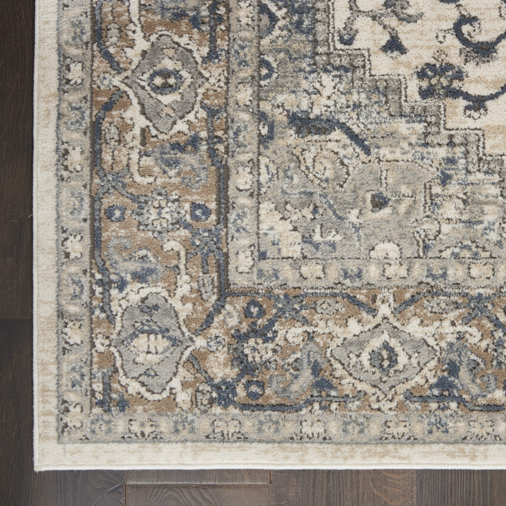 10" Gray and Ivory Medallion Power Loom Runner Rug
