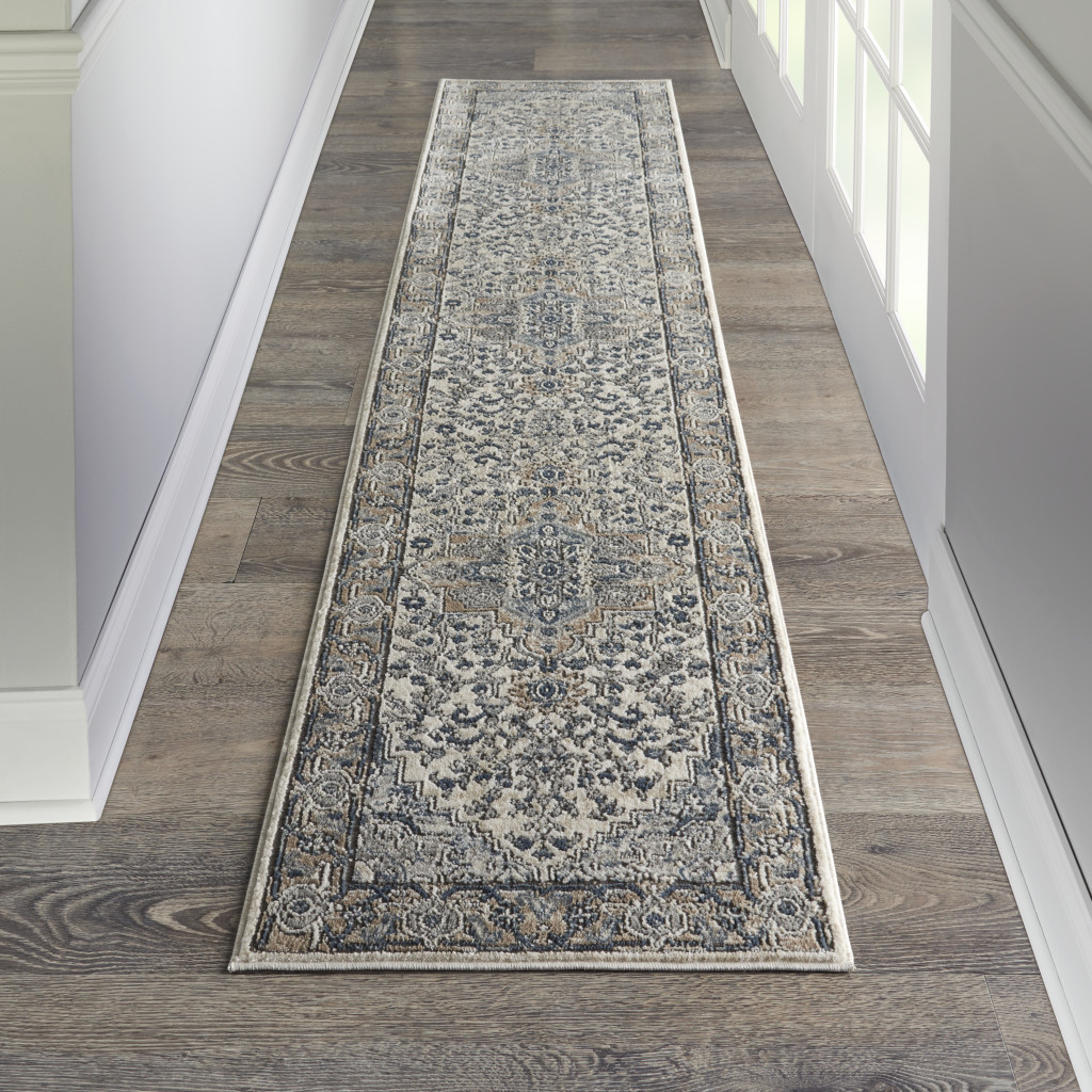 10" Gray and Ivory Medallion Power Loom Runner Rug