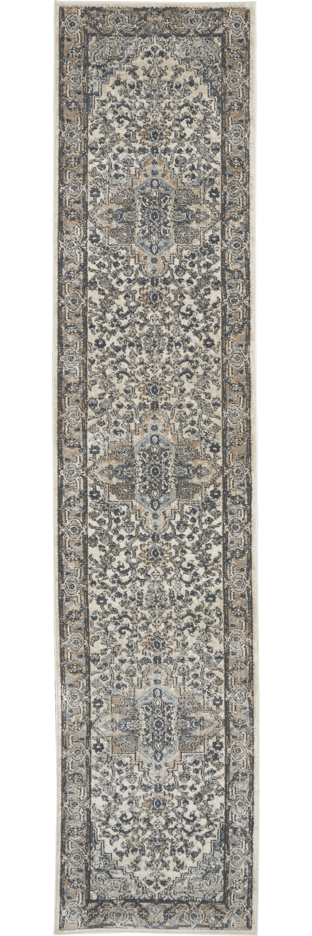 10" Gray and Ivory Medallion Power Loom Runner Rug